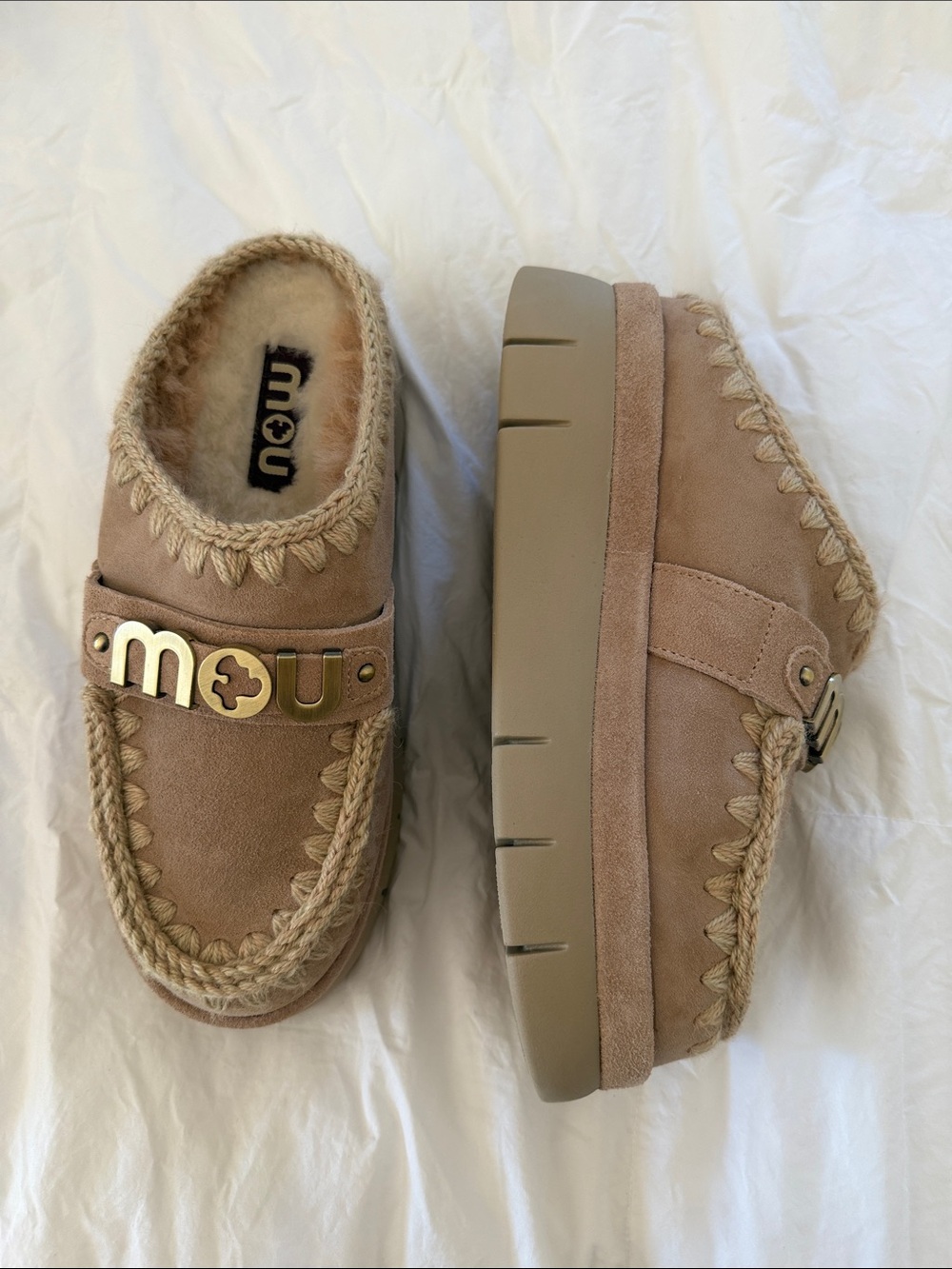 Mou womens Suede Shearling Slip-On platform with Gold Logo NWOT - Picture 2 of 8
